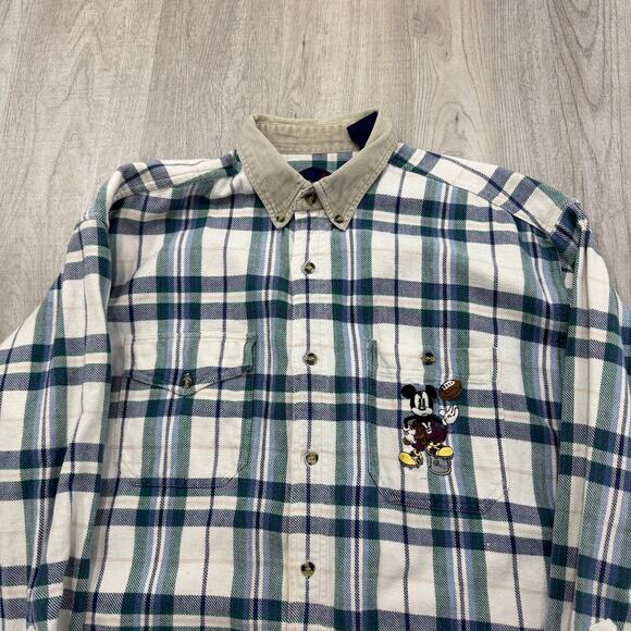 Vintage Disney Mickey Mouse Football Flannel Shirt Men's Large Plaid 90s Preppy - Picture 2 of 10